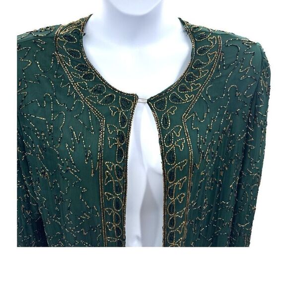 Vintage JMD New York Beaded Jacket Green Gold Black Open Front Top Size Large - Picture 2 of 12